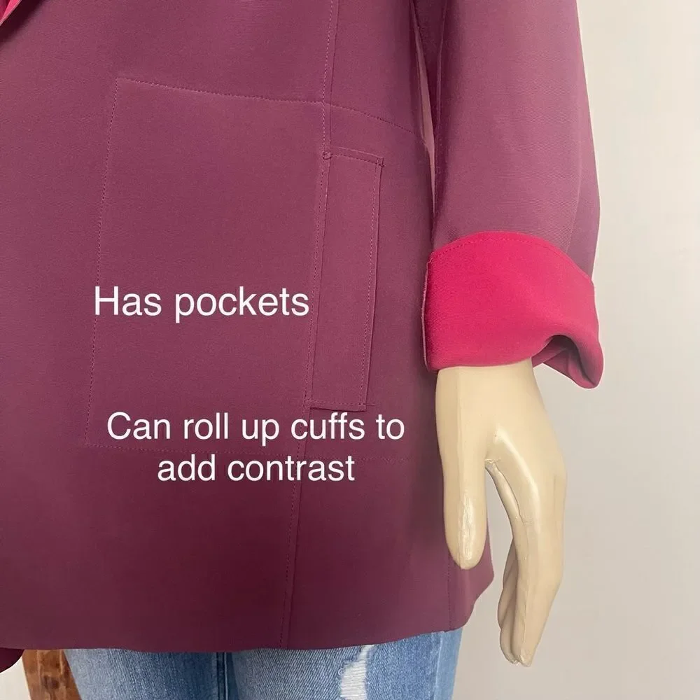 Chicos Travelers Sz 1 (Med 8-10)‎ Open Front Jacket Deep Merlot Blazer Pockets